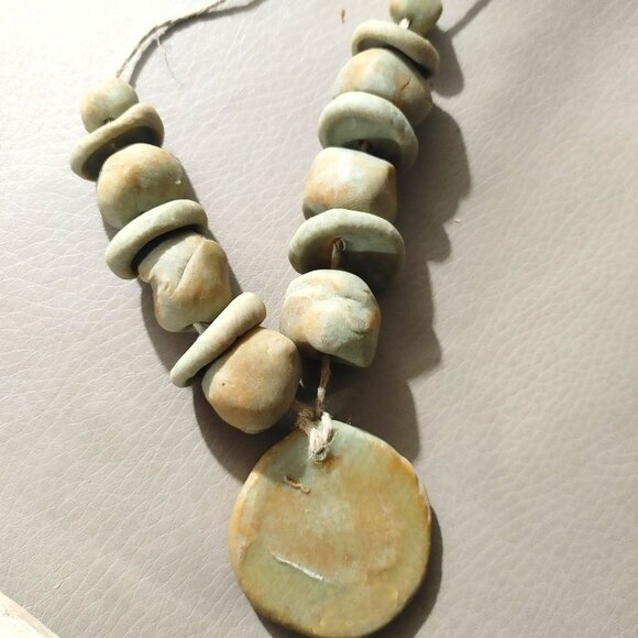 Sunburst Pendant Boho Natural Earth Tones Handcrafted Clay Beads Necklace Round - Picture 4 of 9